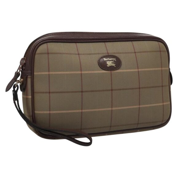 Burberrys Nova Check Clutch Bag Canvas Leather Green Brown Auth BA637 - Picture 1 of 16
